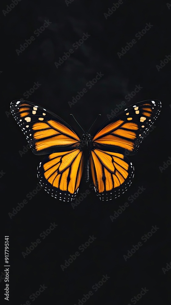 Obraz premium A Single Monarch Butterfly with Wings Spread Wide Against a Black Background