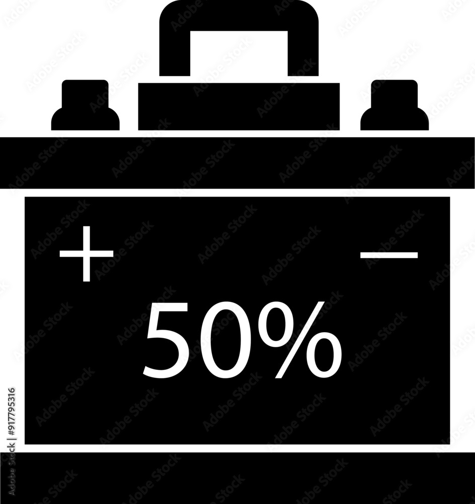 Car battery icon with 50%. Energy power accumulator. Automotive charge sign. Auto battery symbol isolated on transparent background. Electric auto lithium iron storage battery in black filled style.