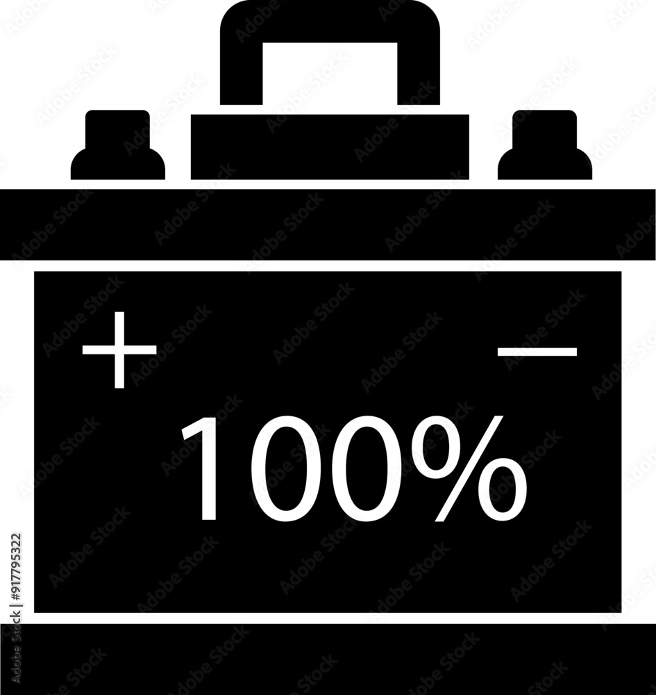 Car battery icon with 100%. Energy power accumulator. Automotive charge sign. Auto battery symbol isolated on transparent background. Electric auto lithium iron storage battery in black filled style. Car battery icon with 100%. Energy power accumulator. Automotive charge sign. Auto battery symbol isolated on transparent background. Electric auto lithium iron storage battery in black filled style.