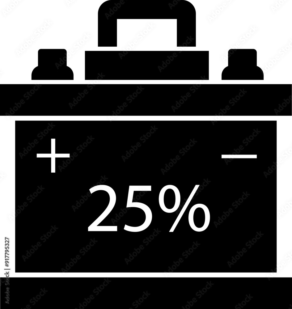 Car battery icon with 25%. Energy power accumulator. Automotive charge sign. Auto battery symbol isolated on transparent background. Electric auto lithium iron storage battery in black filled style. Car battery icon with 25%. Energy power accumulator. Automotive charge sign. Auto battery symbol isolated on transparent background. Electric auto lithium iron storage battery in black filled style.