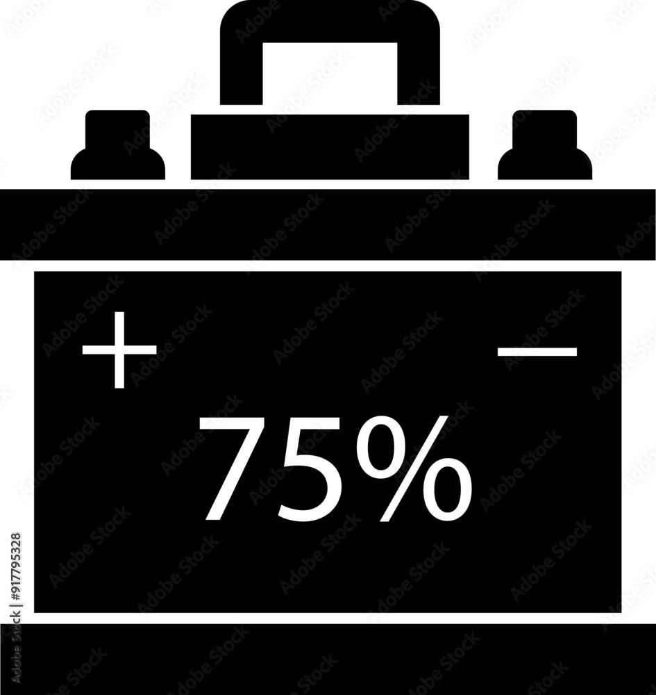 Car battery icon with 75%. Energy power accumulator. Automotive charge sign. Auto battery symbol isolated on transparent background. Electric auto lithium iron storage battery in black filled style. Car battery icon with 75%. Energy power accumulator. Automotive charge sign. Auto battery symbol isolated on transparent background. Electric auto lithium iron storage battery in black filled style.