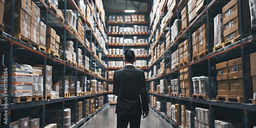 A business owner inspecting inventory in a well-organized warehouse, symbolizing attention to detail and efficient management