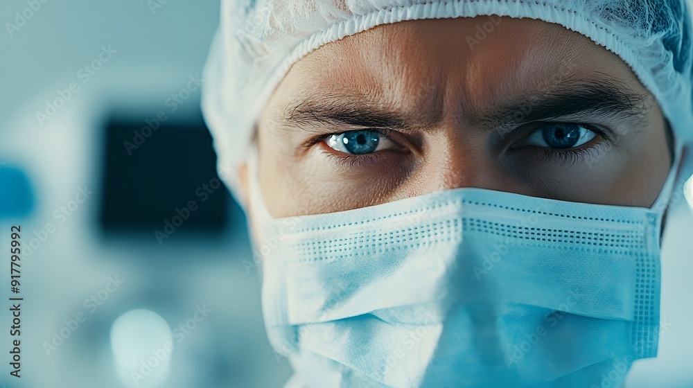 Doctor's Face in Surgical Mask: Close-up of a doctor's face wearing a surgical mask and a focused expression in a sterile hospital environment.
Doctor's Face in Surgical Mask: Close-up of a doctor's face wearing a surgical mask and a focused expression in a sterile hospital environment.