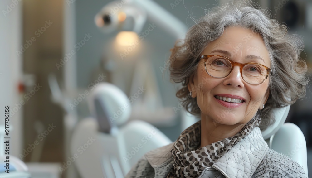 Satisfied senior woman at dental clinic, positive expressi Satisfied senior woman at dental clinic, positive expressi