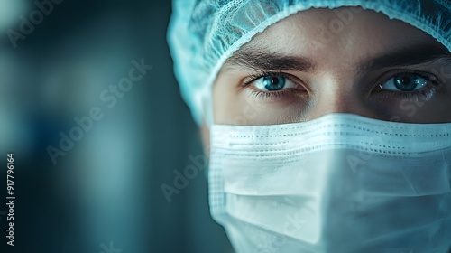 Doctor's Face in Surgical Mask: Close-up of a doctor's face wearing a surgical mask and a focused expression in a sterile hospital environment. 