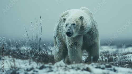 A majestic polar bear walks through a snowy landscape, its white fur blending with the frozen ground. The bear's gaze is fixed on the distance. photo