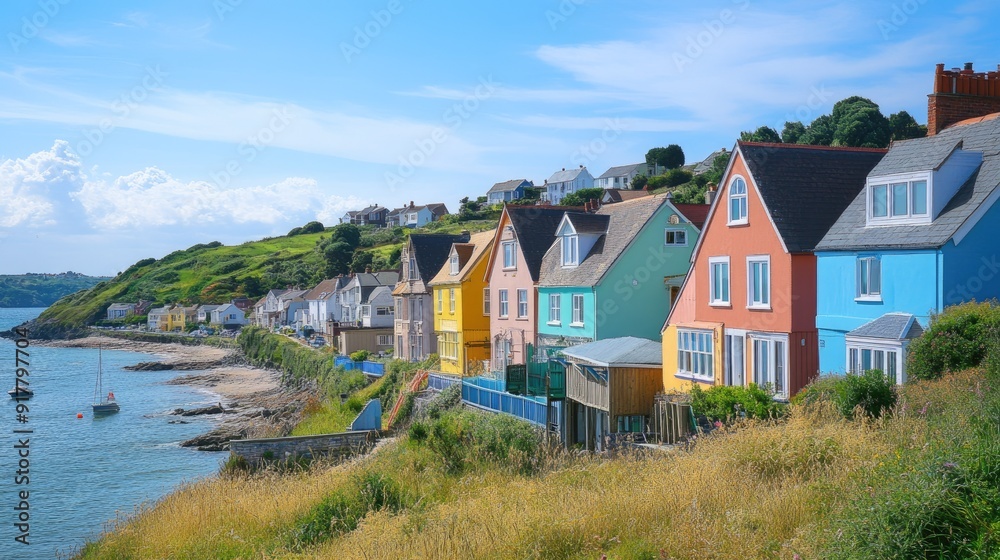 A picturesque coastal town, with vibrant houses along the shoreline and a clear blue sky above. A picturesque coastal town, with vibrant houses along the shoreline and a clear blue sky above.