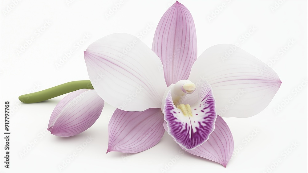 A single orchid blossom, exotic flower element,  white and purple, isolated on white background