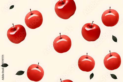 Seamless 3D Floating Red Apple With Leaves on an Orangy Yellow Background Print for Textile, Packaging, Banner, Decor, Wrap, Fashion, Accessories, Web, and Social. photo