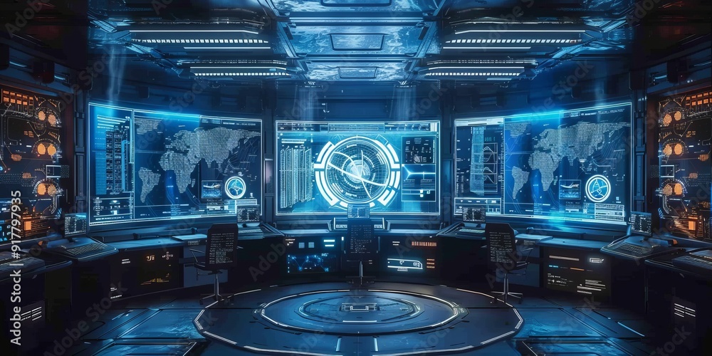 Advanced command center with multiple large monitors displaying real-time data and interactive maps, perfect for depicting modern technology and operations management Advanced command center with multiple large monitors displaying real-time data and interactive maps, perfect for depicting modern technology and operations management