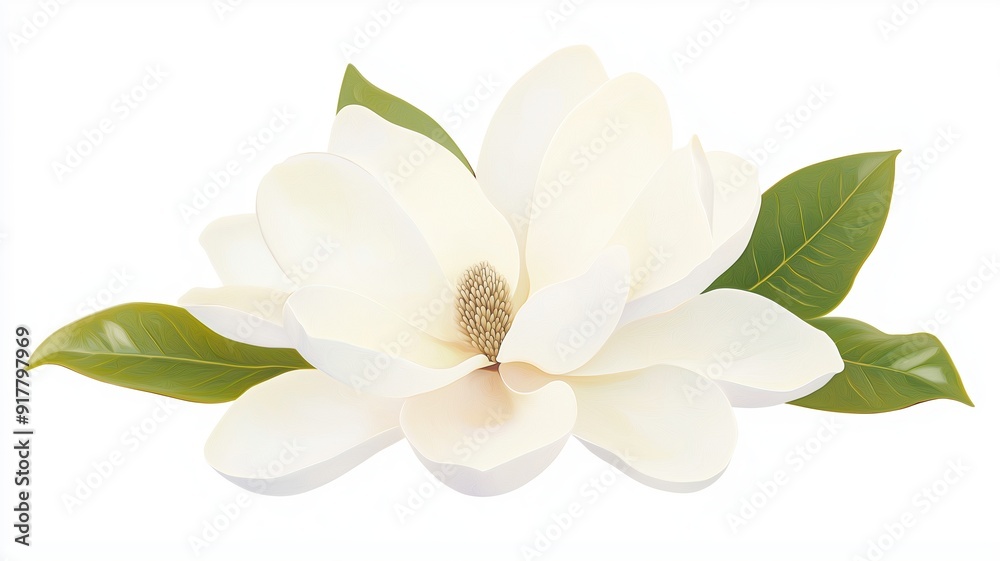 A blooming magnolia flower, southern floral element, oil painting illustration style, pure white petals, isolated on white background A blooming magnolia flower, southern floral element, oil painting illustration style, pure white petals, isolated on white background