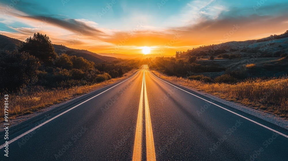 Naklejka premium A picturesque open road extending into the horizon at sunset, with warm, golden hues illuminating the path.