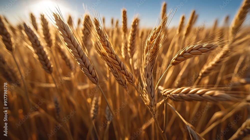 Close-up view of a golden wheat farm under clear sky and daylight Close-up view of a golden wheat farm under clear sky and daylight