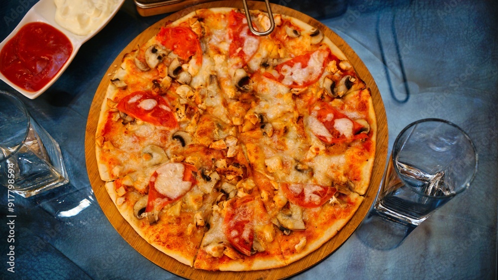 Chicken and Mushroom Pizza With Tomato and Cheese Chicken and Mushroom Pizza With Tomato and Cheese