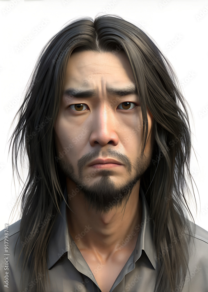 a close-up of a man's face with a concerned expression. He has long dark hair and a beard a close-up of a man's face with a concerned expression. He has long dark hair and a beard