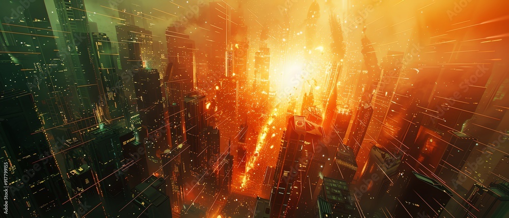Cyber war in a futuristic cityscape, digital explosions, high resolution, 8K quality, realistic photography Cyber war in a futuristic cityscape, digital explosions, high resolution, 8K quality, realistic photography