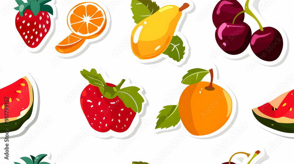 Obraz premium Seamless 3D Slice of Feige, Banana, Orange, Lime, Strawberry, Mix Fruit Sticker White Background. Print for Textile, Packaging, Banner, Decor, Wrap, Fashion, Accessories, Web, and Social.