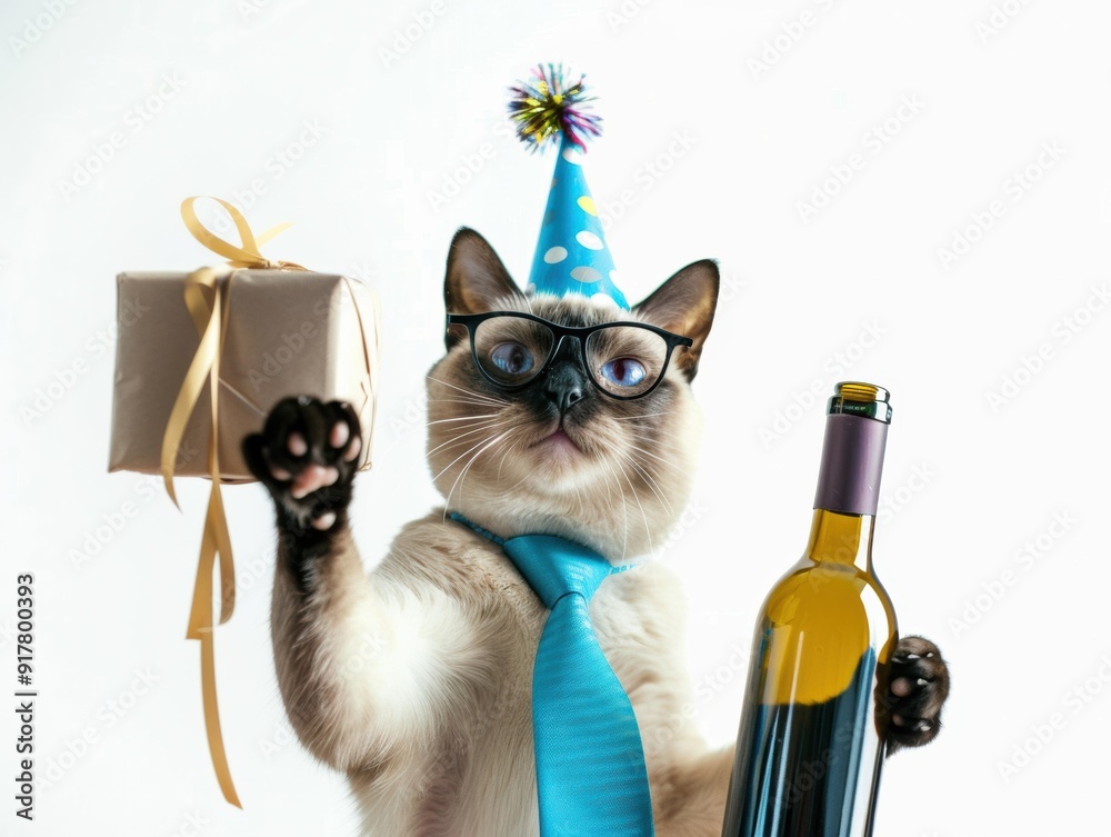 A cat wearing a party hat and tie holds a gift and a bottle of wine. AI. A cat wearing a party hat and tie holds a gift and a bottle of wine. AI.