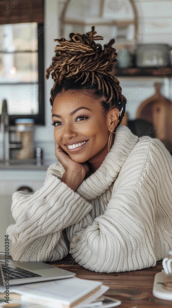 A young woman is sitting at her kitchen counter smiling. AI. A young woman is sitting at her kitchen counter smiling. AI.