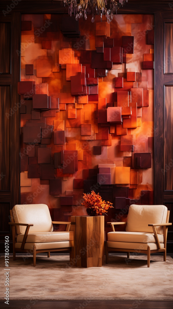 Two Tan Leather Armchairs with Wooden Frames in Front of an Orange and Brown Square Wall Two Tan Leather Armchairs with Wooden Frames in Front of an Orange and Brown Square Wall