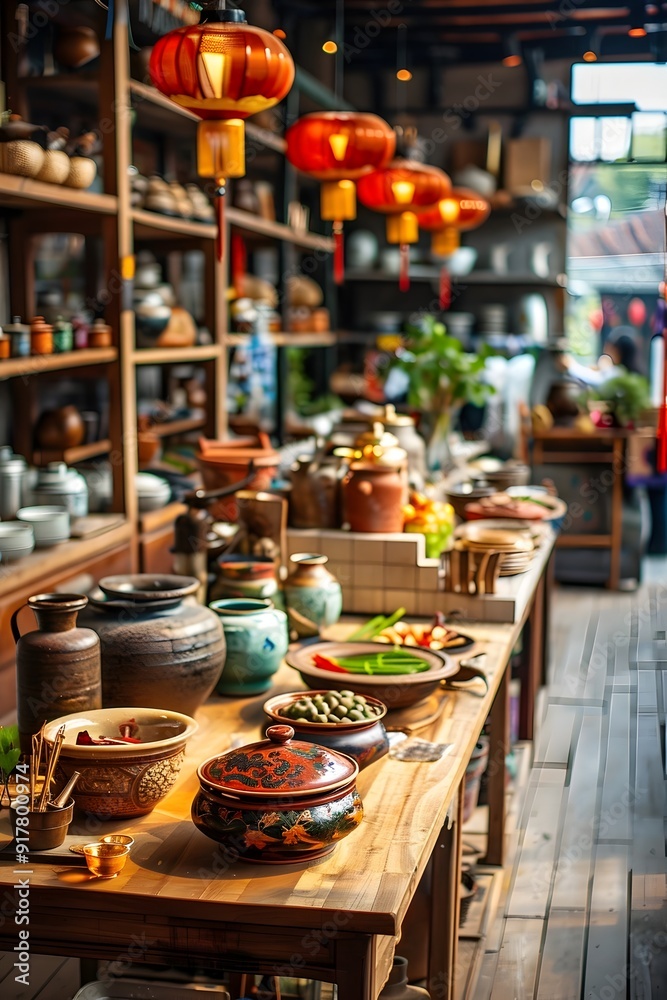 Chinese Tea Ceremony with Traditional Pottery and Lanterns. Chinese Tea Ceremony with Traditional Pottery and Lanterns.