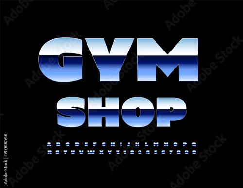 Vector quality sign GYM Shop. Reflective Metallic Font. Unique Steel Alphabet Letters and Numbers set.