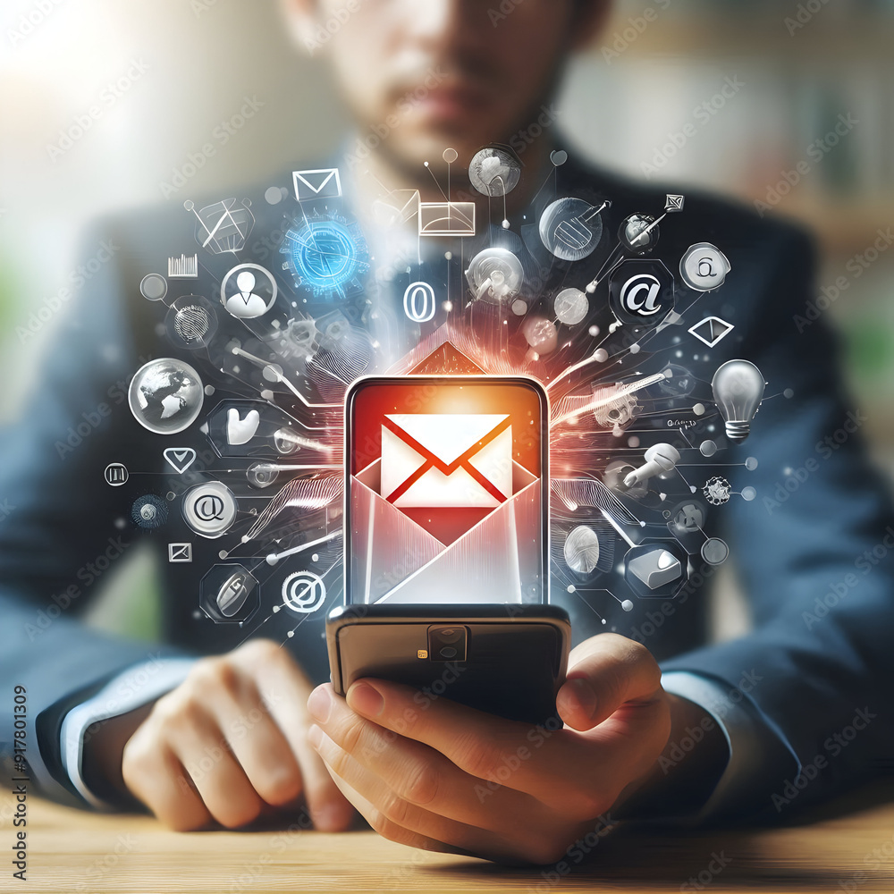 Photo of person with smartphone and email icons symbolizing email marketing. Copy space available. Photo Stock Concept. Photo of person with smartphone and email icons symbolizing email marketing. Copy space available. Photo Stock Concept.