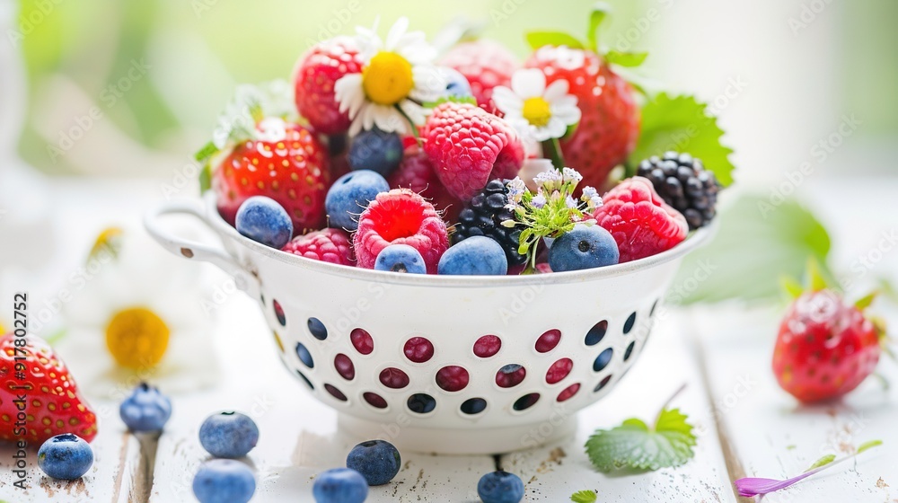   Close-up of berries and strawberries on table with daisies in background