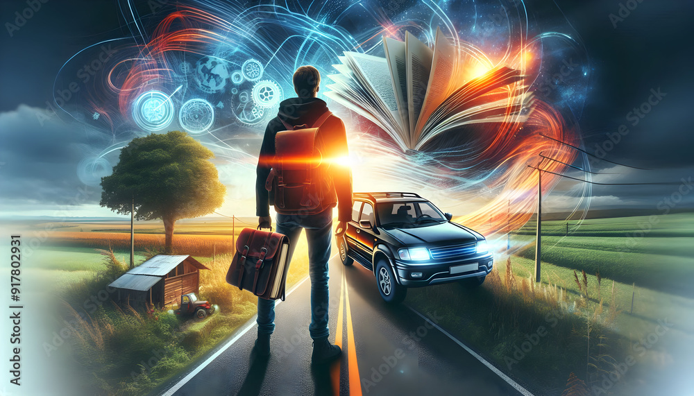 Photo realistic image of person with sedan on rural road and travel journal overlay, ideal for rural road trip concept. Plenty of copy space available. Photo realistic image of person with sedan on rural road and travel journal overlay, ideal for rural road trip concept. Plenty of copy space available.