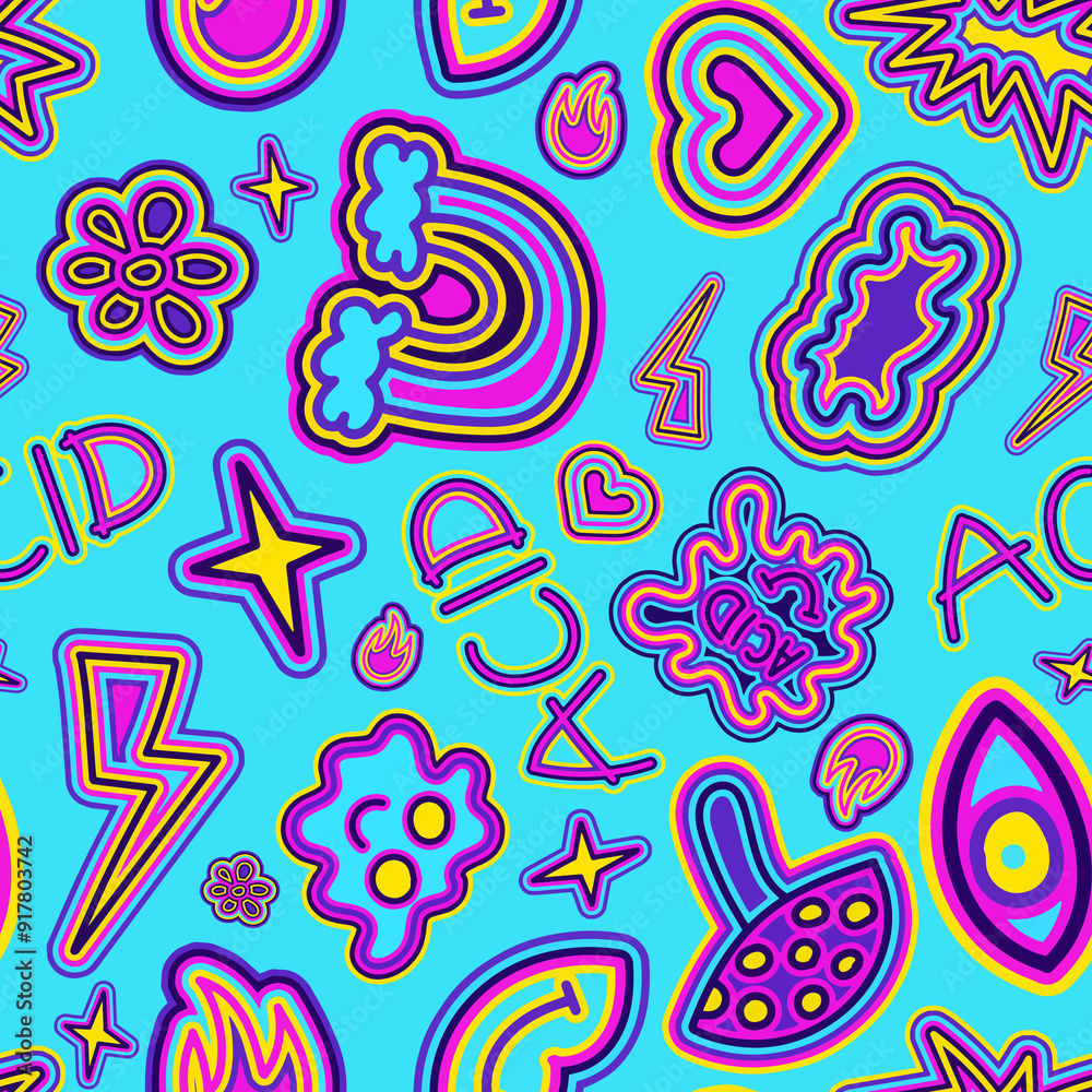 Naklejka premium A seamless pattern with groovy hippie elements, flowers, and geometric shapes in bright colors on a blue background. Great for backgrounds, wrapping paper, and fabric.