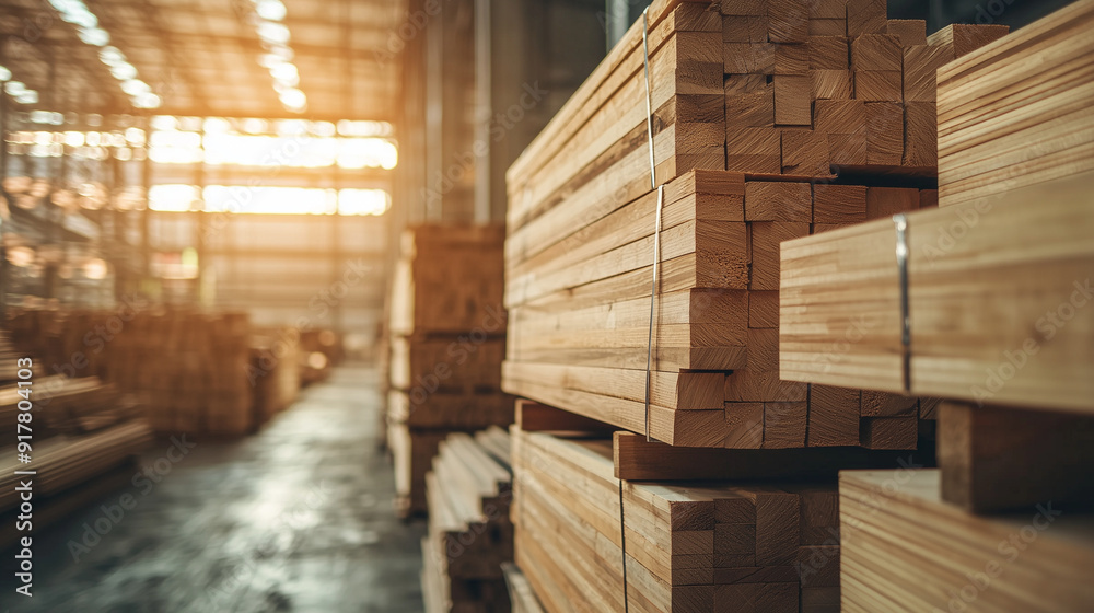 A tidy stack of wooden planks in a large warehouse, representing the seamless blend of nature and industrial craftsmanship. Photo A tidy stack of wooden planks in a large warehouse, representing the seamless blend of nature and industrial craftsmanship. Photo