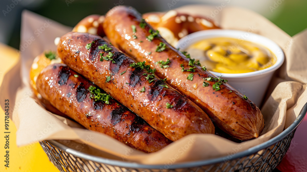 Oktoberfest delight with grilled sausages, soft pretzels, and tangy mustard, ideal for celebrating German culinary traditions. Photo Oktoberfest delight with grilled sausages, soft pretzels, and tangy mustard, ideal for celebrating German culinary traditions. Photo