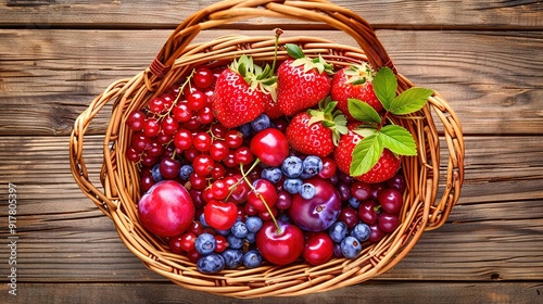   A basket of cherries, strawberries, blueberries, and strawberries on a wooden table