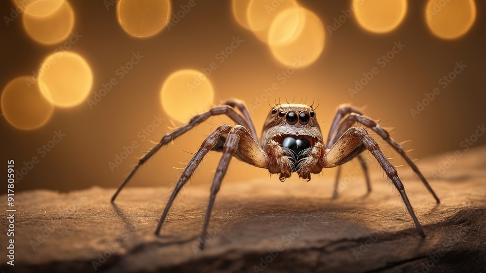 Fototapeta premium Spider spinning web, close-up, golden bokeh, soft warm glow, detailed and mysterious.