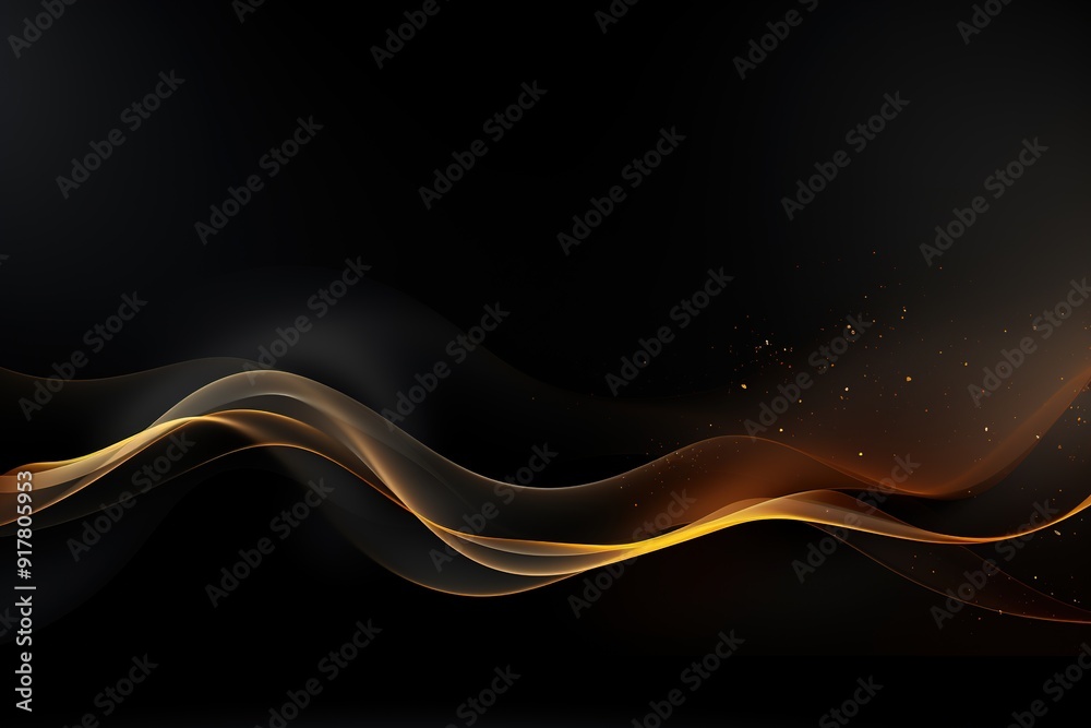 Abstract black background with golden glowing waves and particles.