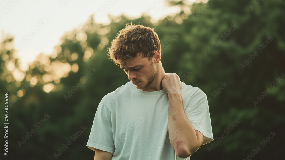 Obraz premium A young man in a t-shirt, grimacing as he holds his shoulder, set against a blurred natural backdrop. The tranquil scenery contrasts with the visible discomfort on his face. Photo