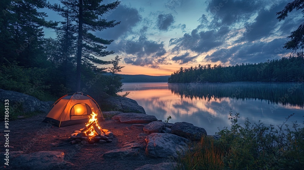 A serene lakefront campsite with a tent and campfire, with the water reflecting the evening sky. A serene lakefront campsite with a tent and campfire, with the water reflecting the evening sky.