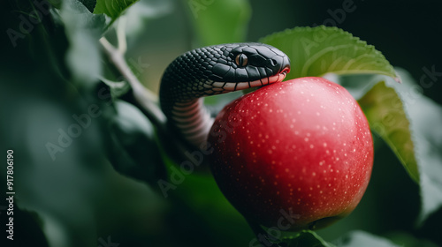 A close-up of a serpent coiled tightly around a vibrant red apple, sliding down the tree. This image symbolizes the biblical narrative of Eden, temptation, and the fall of man, dar photo