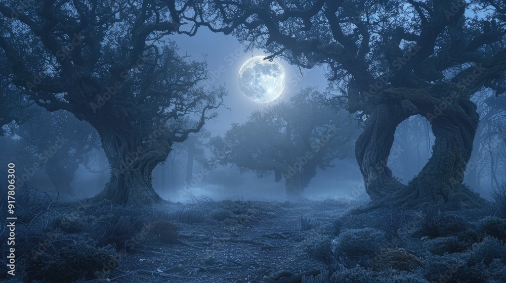 A misty forest bathed in the ethereal glow of a full moon. The gnarled branches of ancient trees reach towards the sky, creating a sense of mystery and wonder. A misty forest bathed in the ethereal glow of a full moon. The gnarled branches of ancient trees reach towards the sky, creating a sense of mystery and wonder.