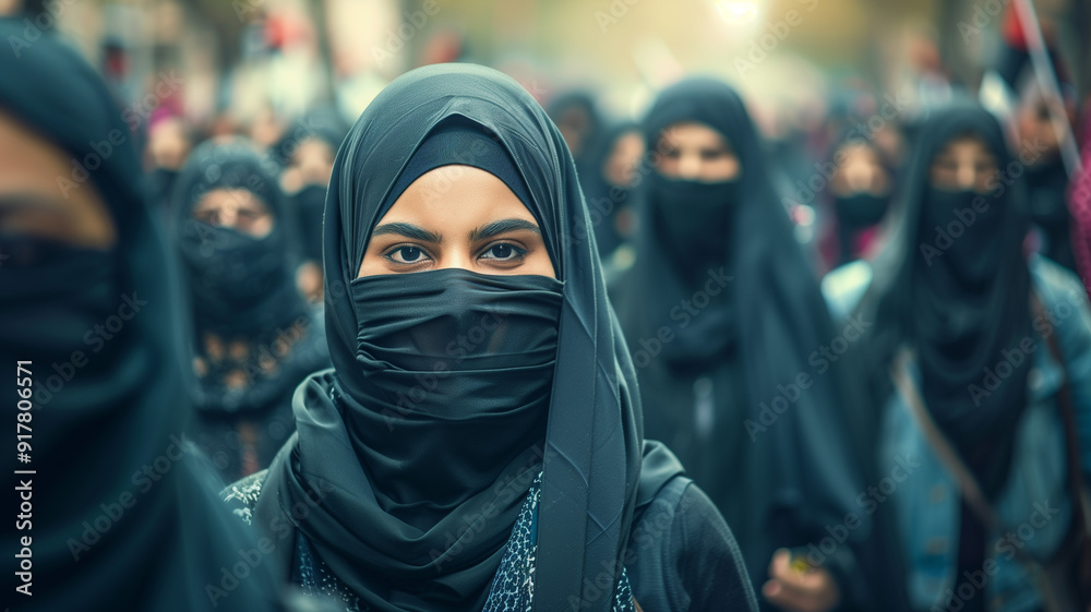 A powerful image of women in black veils and scarves marching for a cause A powerful image of women in black veils and scarves marching for a cause