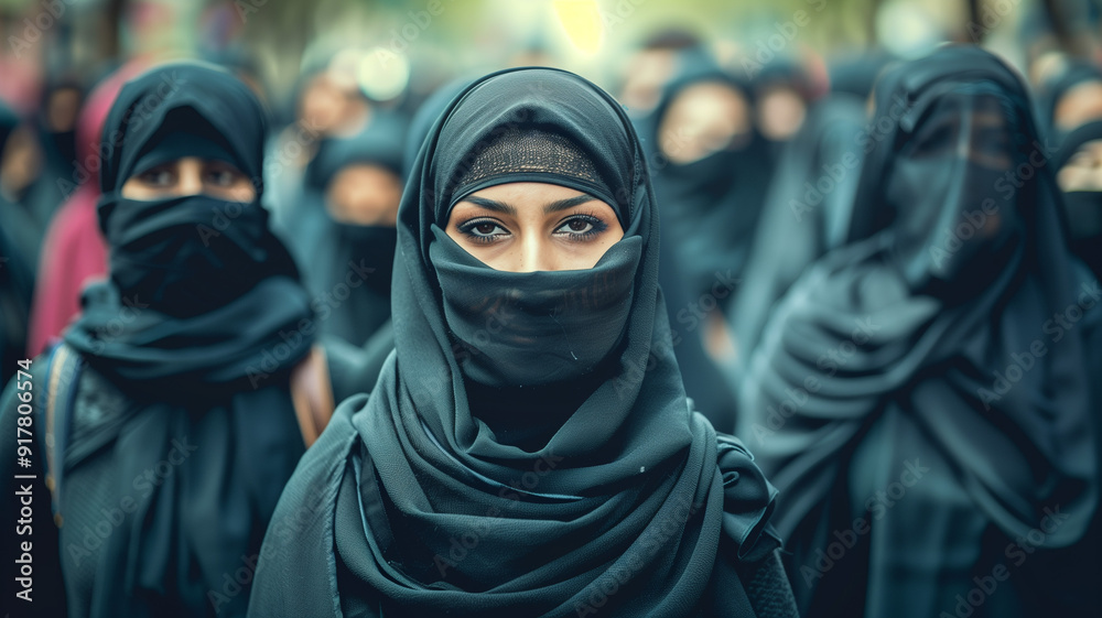 A powerful image of women in black veils and scarves marching for a cause A powerful image of women in black veils and scarves marching for a cause