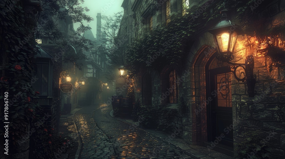 Fototapeta premium A misty, cobblestone street in a medieval town, illuminated by warm lamplight. The street leads into a mysterious forest.