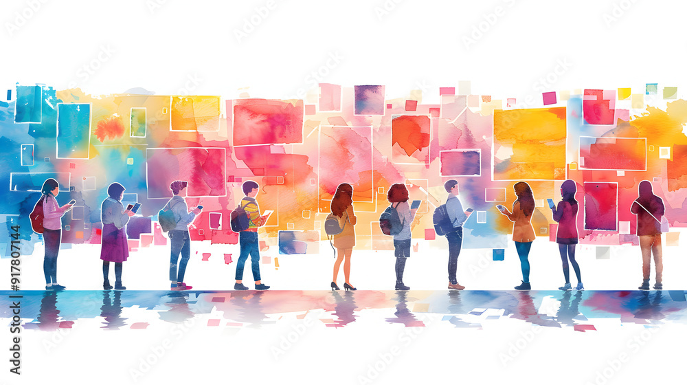 Obraz premium Creative Business Planning Concept with 3D Flat People Icons, Watercolor Boards, and Smartphones on White Background