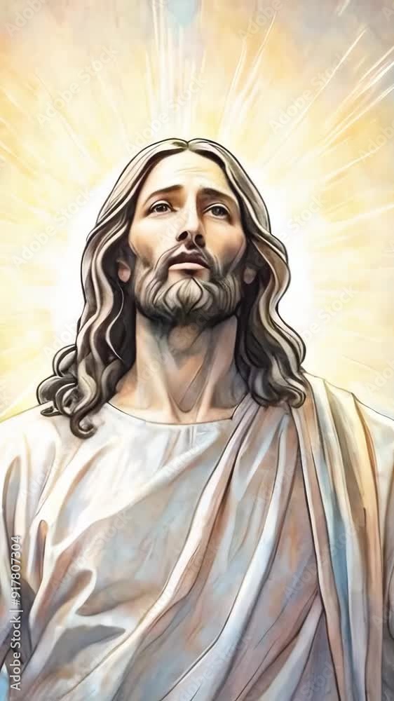Jesus Christ face portrait in rays of holy light animation -- 4k 9x16 vertical stock video footage Jesus Christ face portrait in rays of holy light animation -- 4k 9x16 vertical stock video footage