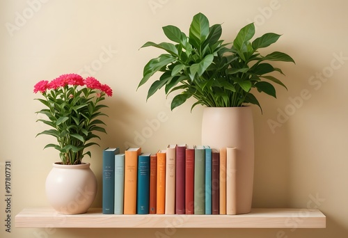 A wooden shelf with various decorative elements, including blue flowers, potted plants, and stacks of books in a cozy, rustic setting