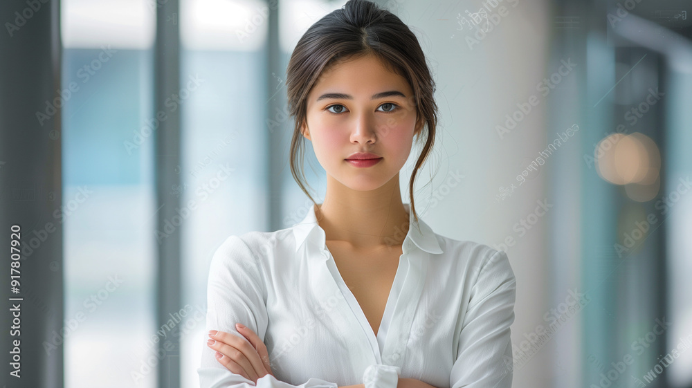 A professional businesswoman standing confidently with her arms crossed modern office backdrop A professional businesswoman standing confidently with her arms crossed modern office backdrop