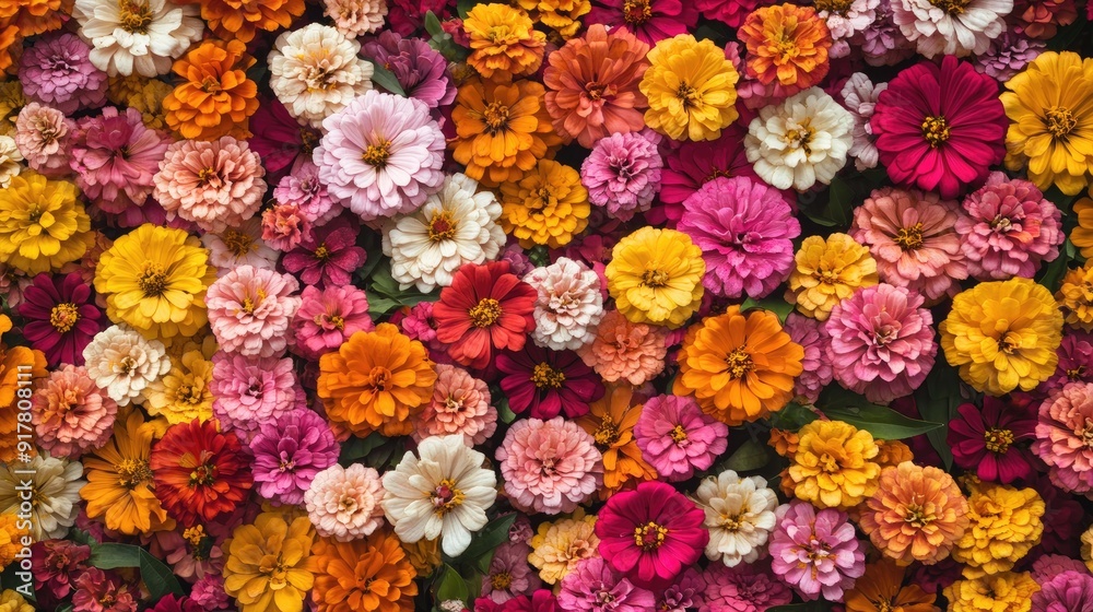 A bed of colorful zinnias in full bloom, creating a lively and festive floral background A bed of colorful zinnias in full bloom, creating a lively and festive floral background