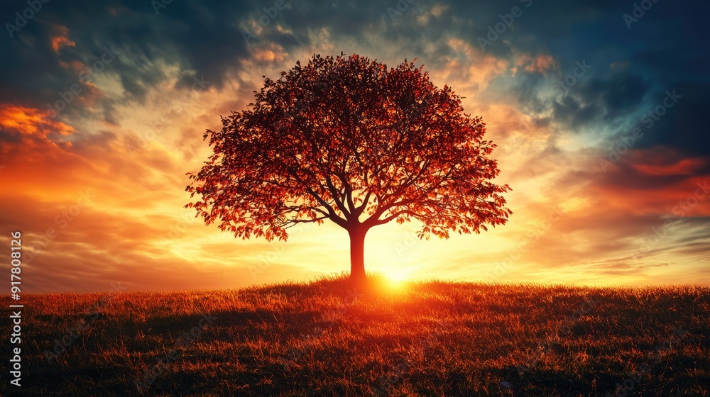 A silhouetted tree with rich autumn leaves against a dramatic sunset, showcasing the contrast between nature and sky. A silhouetted tree with rich autumn leaves against a dramatic sunset, showcasing the contrast between nature and sky.