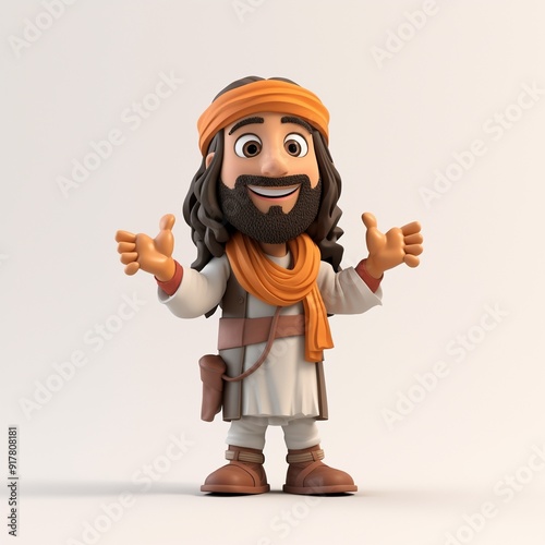 Cheerful Cartoon Character in Traditional Outfit Welcoming with Open Arms - Cultural Representation
