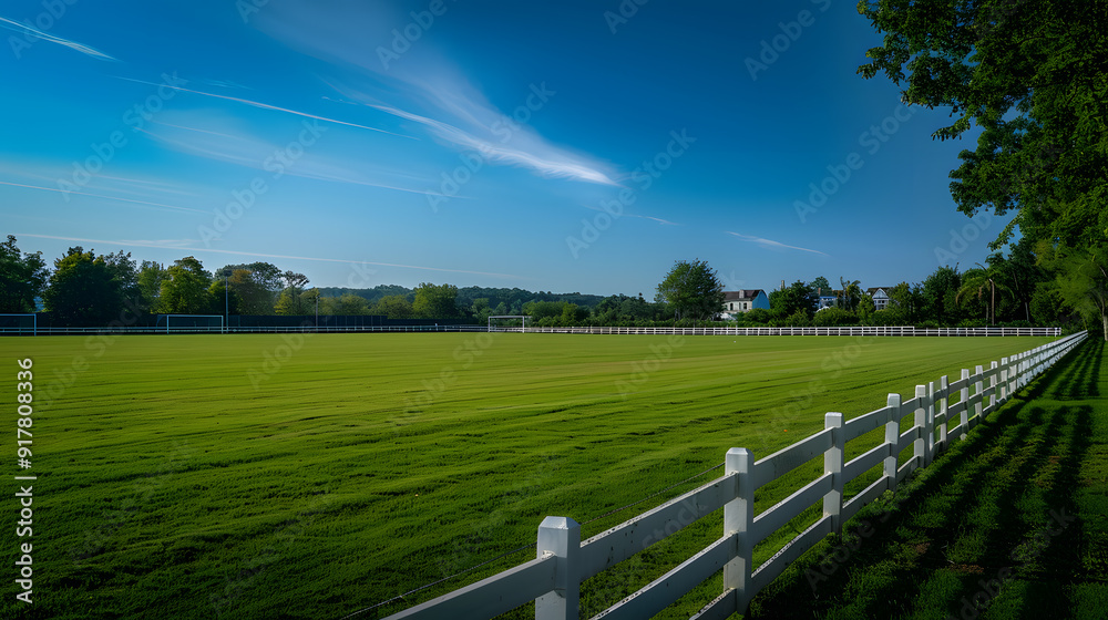 A white picket fence separates a grassy soccer field from a city A white picket fence separates a grassy soccer field from a city